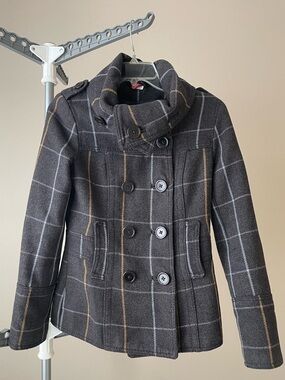 H&M Gray check funnel-neck wool blend peacoat (4 or XS)